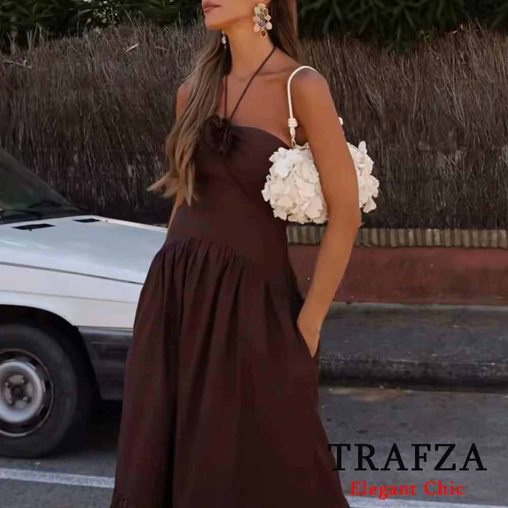 TRAFZA Elegant Sexy Brown Flower Halter Women Dress