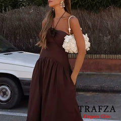 TRAFZA Elegant Sexy Brown Flower Halter Women Dress