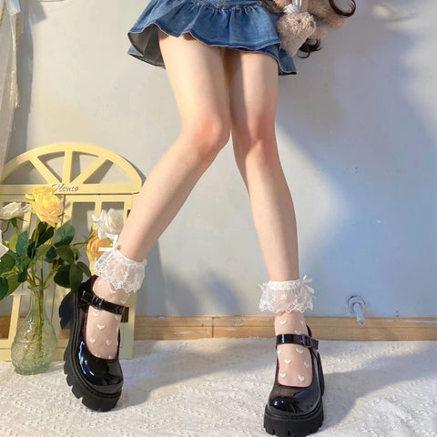 Women’s Lolita Transparent Mesh Crew Socks with Ruffled Lace Trim and Bowknot