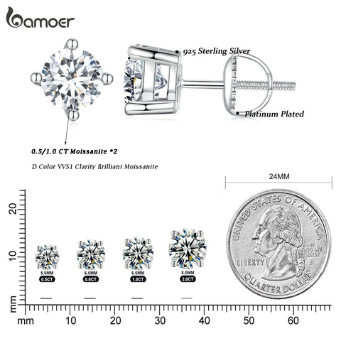 BAMOER 2CT Moissanite Stud Earrings – 925 Sterling Silver 4-Prong VVS1 Lab Diamond
