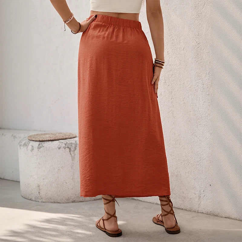 Benuynffy Solid Color Split Long Skirt for Women - Summer Fashion with Elastic Waist