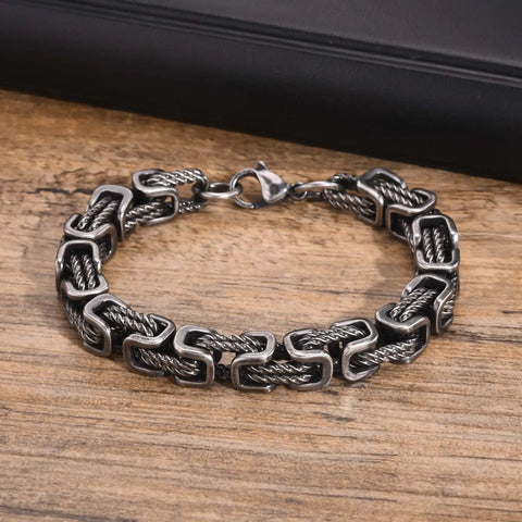 Men's Chunky Byzantine Bracelet - Retro Grey 8mm Stainless Steel Braided Link Wristband
