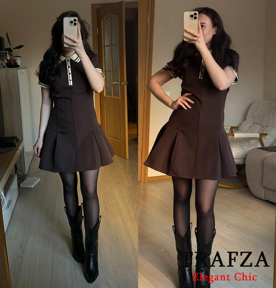 TRAFZA-Women Fashion 2025 Spring Summer Burgundy Dress Contrasting Ribbed Lapel Buttons Dress Classic Campus Angola Red Dress