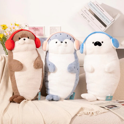 Cartoon Seal & Sea Otter Plush Cushion – Round Earphone Design Pillow for Kids’ Birthday, School & Nap