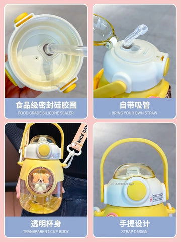 820ml Kids Water Sippy Cup with Cartoon Design and Straw - Portable Drinking Bottle for School
