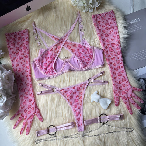 Leopard Lingerie Cross Bra Push Up Intimate Lace Underwear with Heart Gloves and Stockings
