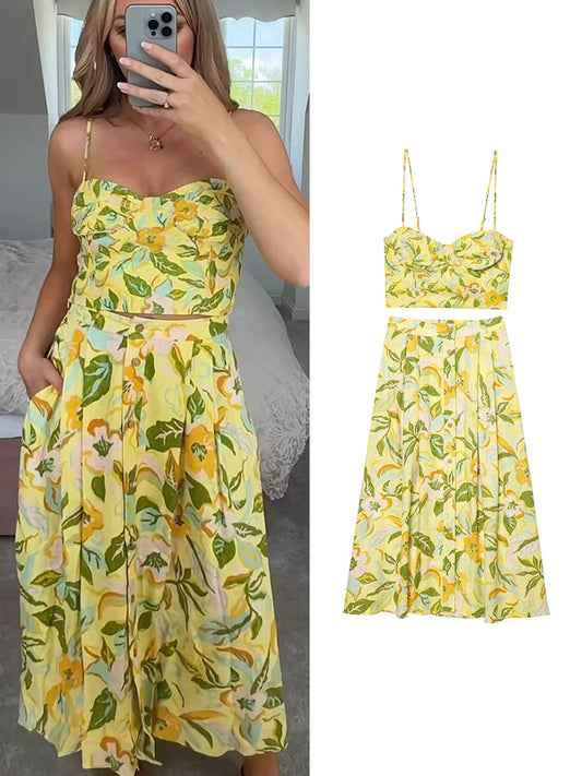 TFMLN Women Floral Print Skirt Two Piece Set