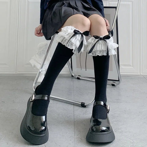 Lolita Nylon Lace Knee High Socks with Bow Knot - Cute Cartoon Princess Design