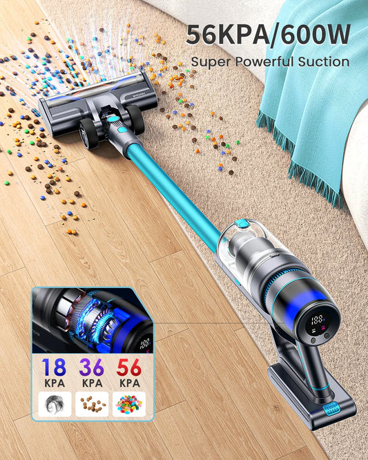 Homore 600W 56KPA Powerful Cordless Vacuum Cleaner Handheld with LED Color Light Smart Suction Mode Self - Standing Function