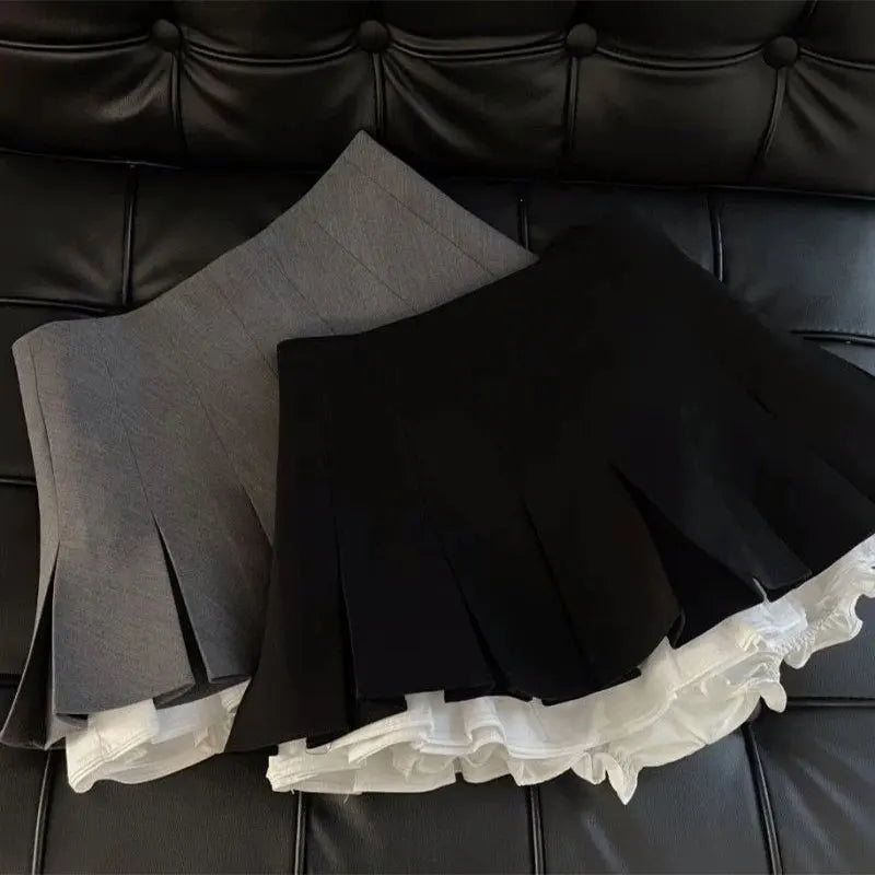 Mooyufon Ruffles Black Mini Skirt for Women – Korean Patchwork Pleated Skirts