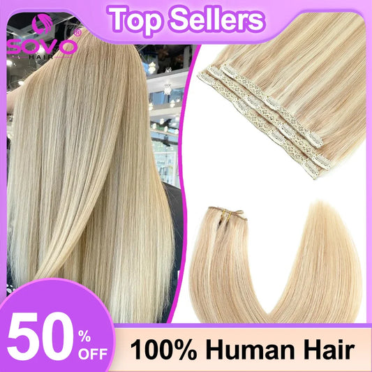 SOVO Clip In Hair Extensions - 3 Pieces, Real Human Hair