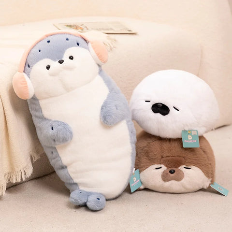 Cartoon Seal & Sea Otter Plush Cushion – Round Earphone Design Pillow for Kids’ Birthday, School & Nap