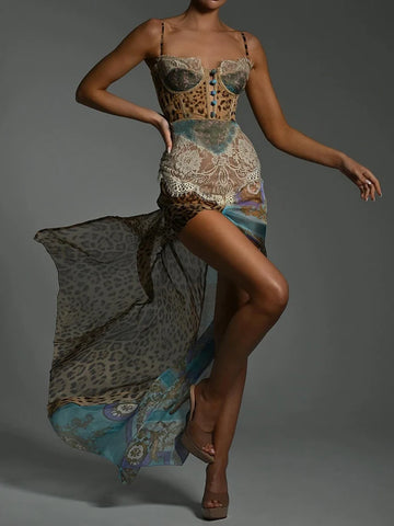 Mozision Leopard Print Lace Split Sexy Maxi Dress for Women - Elegant Patchwork Chiffon Beach Evening Gown