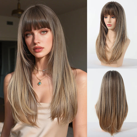 EASIHAIR Women Synthetic Wigs - Long Brown Ombre Blonde Layered Wigs with Curtain Bangs for Daily Use