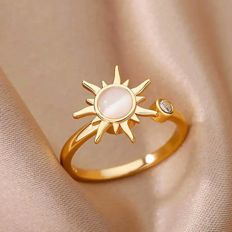 Rotating Sun Opal Ring for Women - Adjustable Stainless Steel Retro Charm Jewelry
