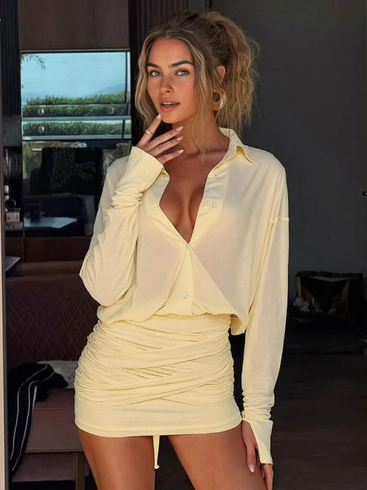 Weird Puss Ruched See Through Dress for Women - Trendy Mini Bodycon with Patchwork, Tassel, and Full Sleeves