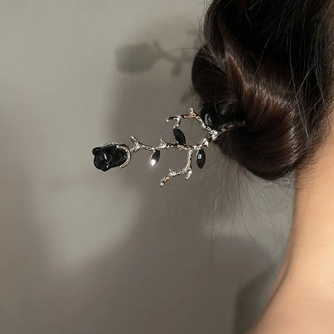 2025 Vintage Rose Flower Crystal Branch Hairpin - Elegant Metal Texture Headwear Jewelry for Women