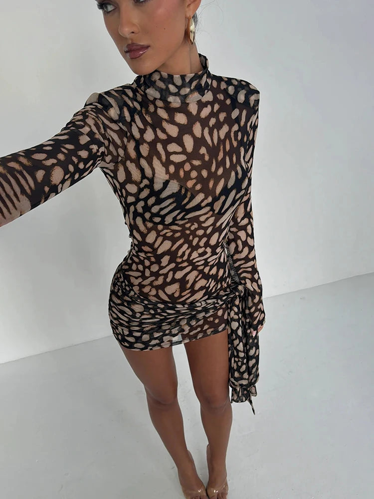 Fantoye Turtleneck Sexy Sheer Print Leopard Bandage Dress - Elegant Mini Dress for Women