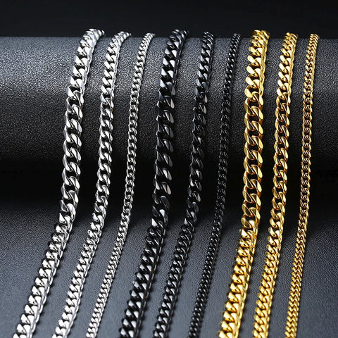 Stylish Punk Cuban Necklaces for Men and Women - Stainless Steel Miami Curb Collar in Silver, Black, and Gold