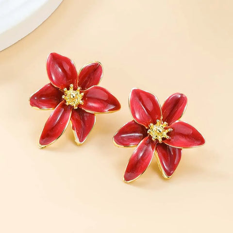 Vintage Red Enamel Flower Stud Earrings - Sweet Dripping Oil Style for Women