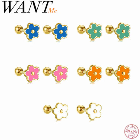 WANTME 925 Sterling Silver Flower Screw Bead Stud Earrings