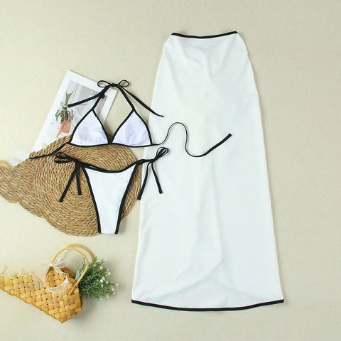 Para Praia Print Driedelige Bikiniset met Lange Rok - Sexy Badpak Strandjurk voor Dames