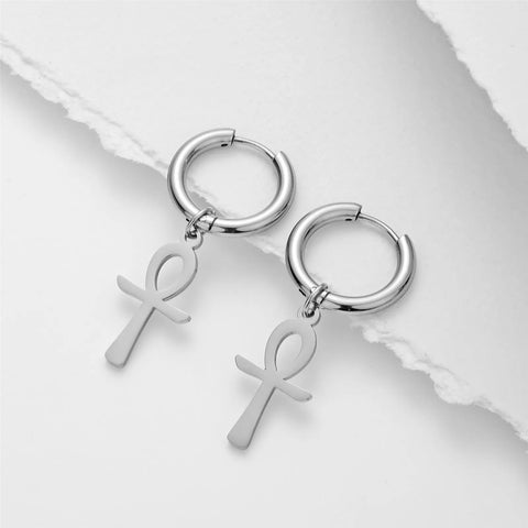Skyrim Egypt Ankh Cross Drop Earrings - Gold Color Stainless Steel Dangle Earrings for Women