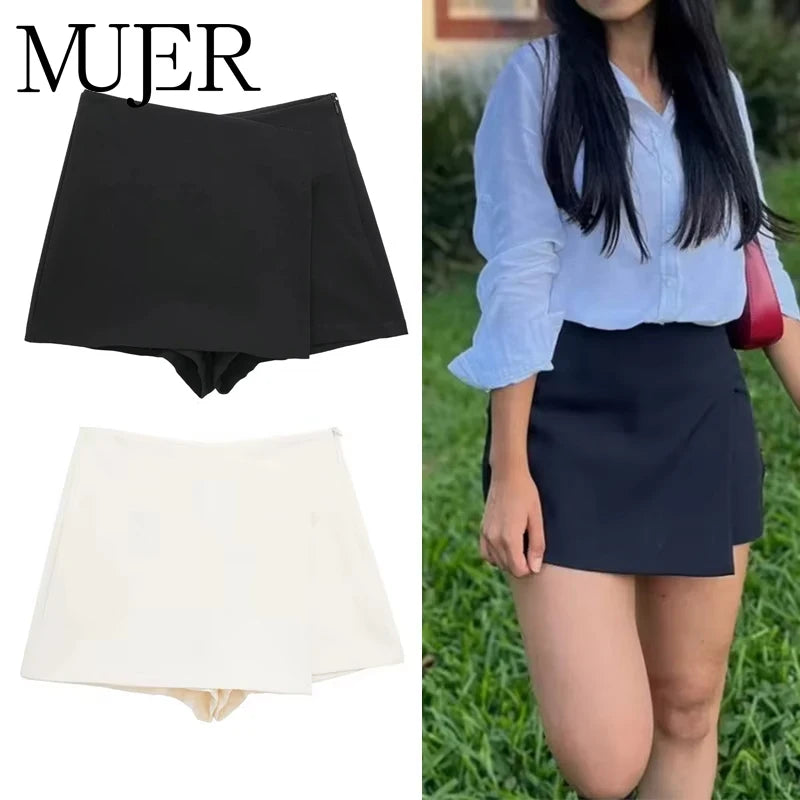 MUJER 2025 Asymmetric Skort for Women - Black High Waist Mini Skirt Shorts