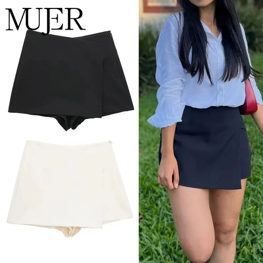 MUJER 2025 Asymmetric Skort for Women - Black High Waist Mini Skirt Shorts