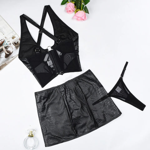 Sexy Short Mini Skirts Sets for Women - 2 Piece Leather Outfit with Lace-Up Cross Bra