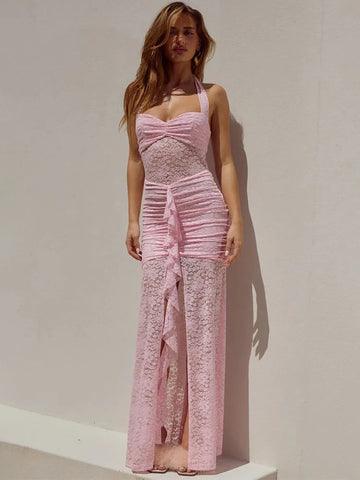 Mozision kanten gedrapeerde gerimpelde maxi-jurk - elegante zomerse halterjurk met open rug 