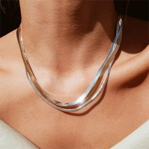 eManco Unisex Snake Chain Necklace - Silver Color Choker Stainless Steel Herringbone Chain for Women Jewelry Wholesale