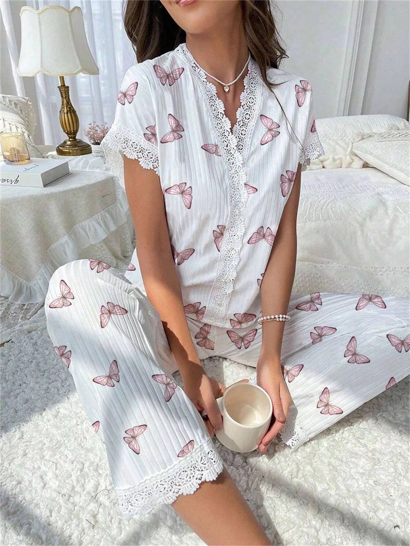 Cherry Print Lace Trim Pajama Set