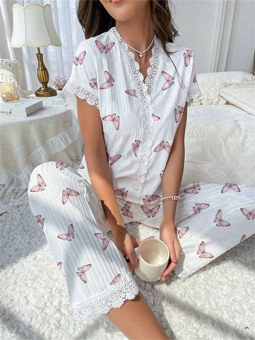 Pyjamaset met kersenprint en kant