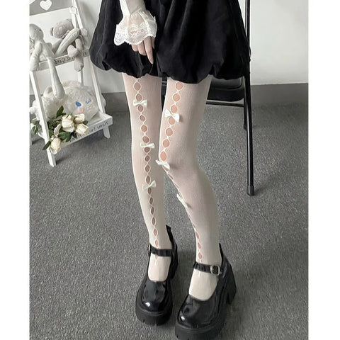 Lolita Cosplay Girls Bowknot Hollow Out Pantyhose - Elegant Lace Tights for Anime Lovers