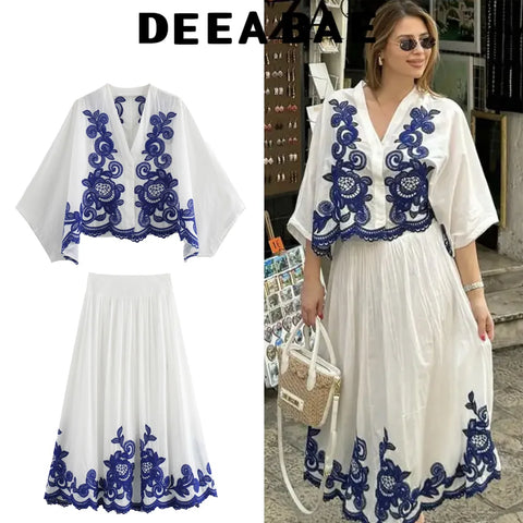 DEEABAE Blue Flower Porcelain Print Fashion Set