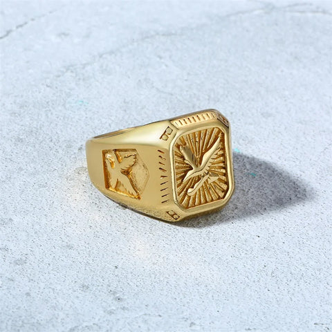 Gold Plated Bald Eagle Signet Ring for Men - Stainless Steel Bird Band Jewelry