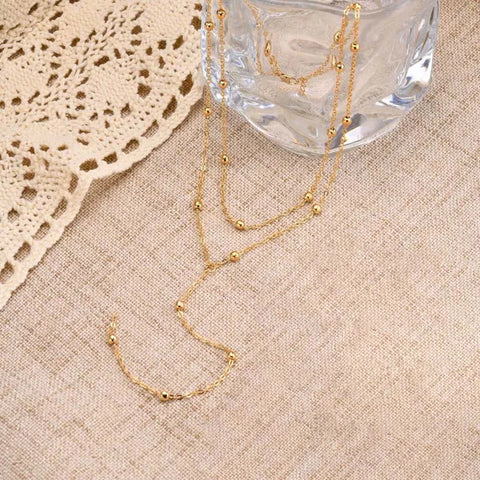 Fashion Gold Color Double Layered Long Chain Drop Necklace for Women - Simple Metal Geometric Bead Tassel Choker Jewelry