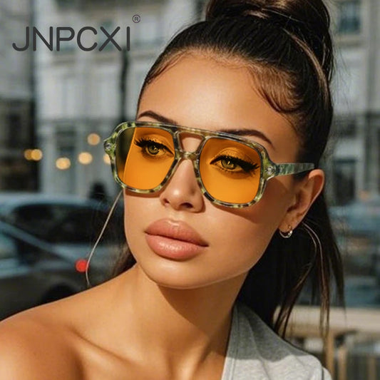 JNPCXI Dubbele Brug Vierkante Zonnebril – Vintage Punk Geel UV400 Heren Trending Shades