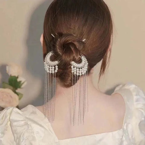 Handmade Pearl Tassel Hair Sticks for Women - Vintage Chinese Style U-Shaped Hairpin