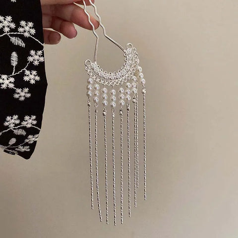 Handmade Pearl Tassel Hair Sticks for Women - Vintage Chinese Style U-Shaped Hairpin
