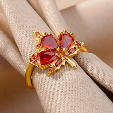 Zircon Maple Leaf Ring for Women - Gold Color Stainless Steel Fashion Jewelry