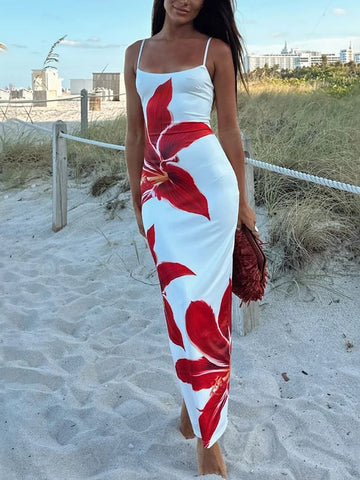 Tossy Summer Printed Maxi-jurk voor dames - Rugloze, modieuze, slanke spaghettijurk met hoge taille
