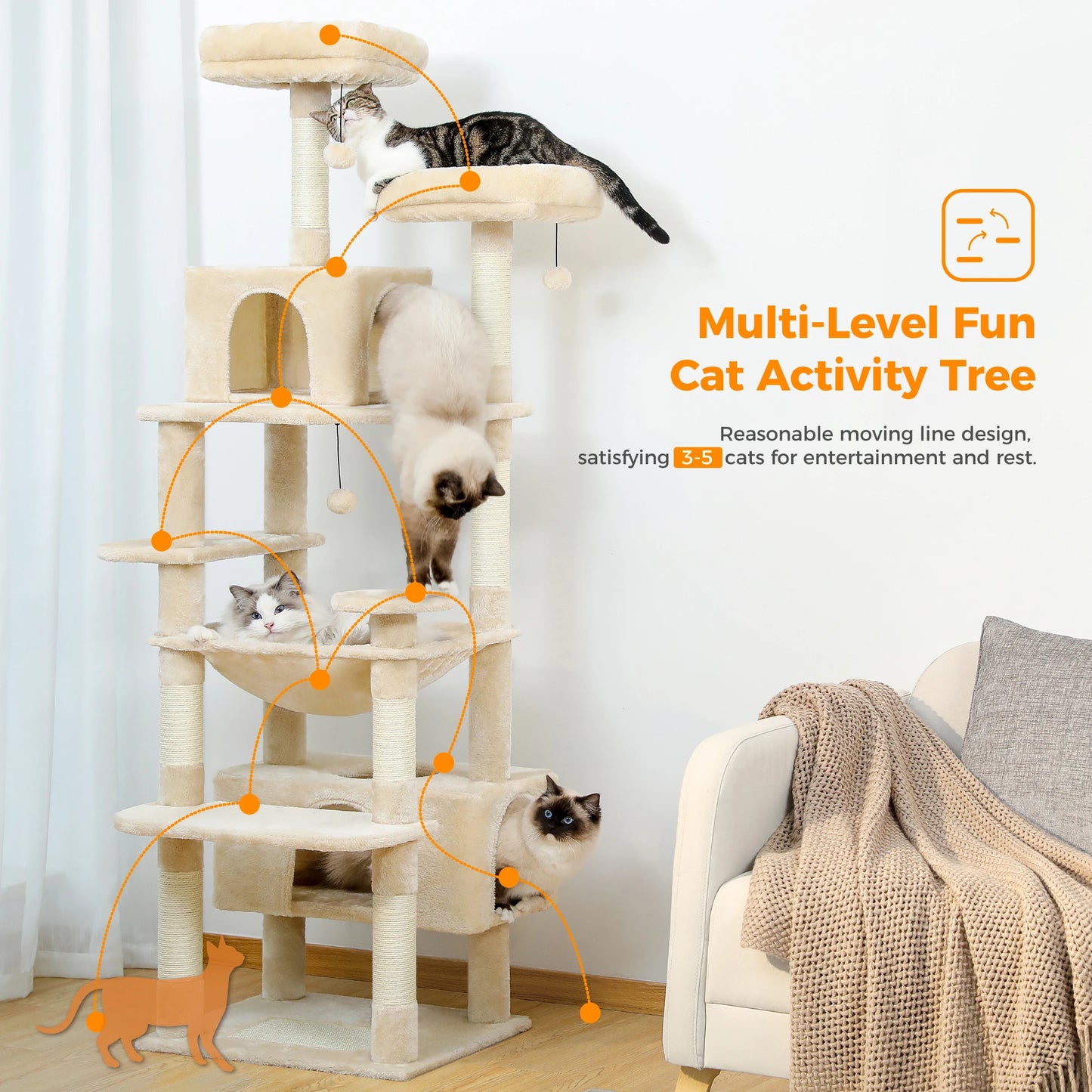 Large Cat Tree and Tower for Indoor Cats – Spacious Hammock, Padded Perches, and Sisal-Covered Scratching Posts
