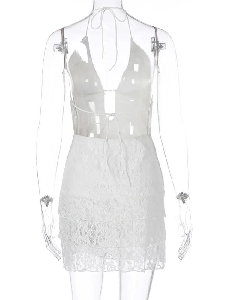 Fantoye Sexy Hollow Out Lace Halter Women Dress - White Backless High Waist Mini Dress for Summer Parties and Beachwear