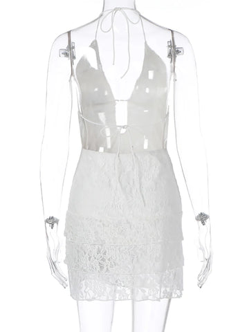 Fantoye Sexy Hollow Out Lace Halter Damesjurk - Witte Rugloze Minijurk met Hoge Taille voor Zomerfeesten en Strandkleding 