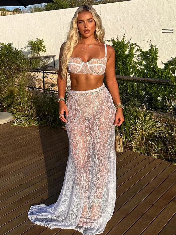 Fantoye Sexy Lace Chain Skirt Suit with Floral Print - White Spaghetti Strap Crop Top and Skirt Set