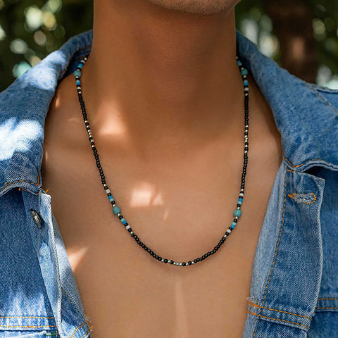 Stylish Synthetic Turquoise Necklaces for Men and Boys - Mini Black Beaded Summer Beach Jewelry