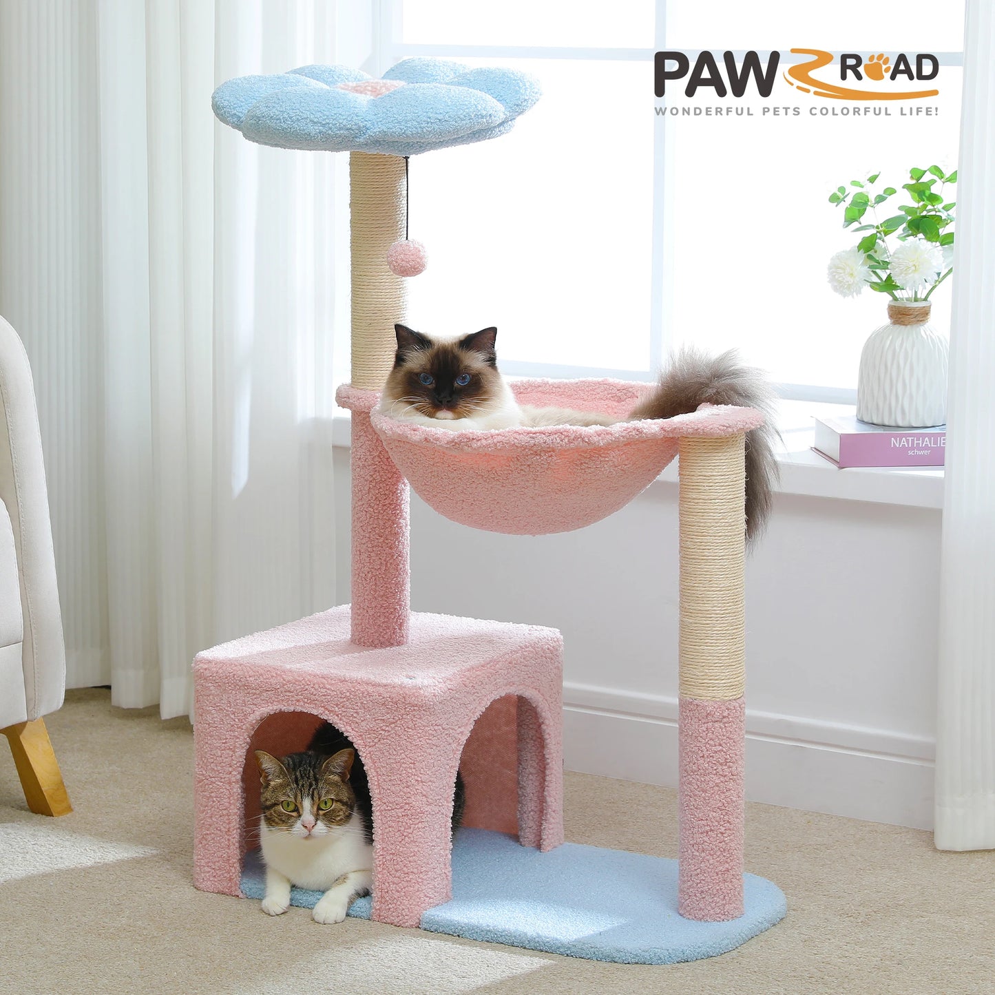 Flower Cat Tree with Large Metal Frame Hammock - Cute Cat Tower with Sisal Scratching Posts for Indoor Cats