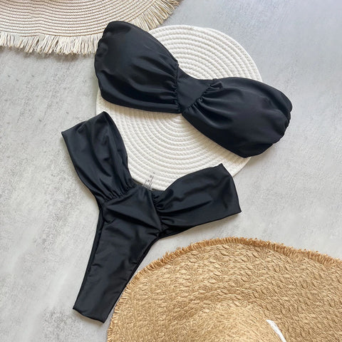 Para Praia Sexy Solid Bandeau Bikini Set Thong Dames Badmode 2025 Braziliaans Badpak
